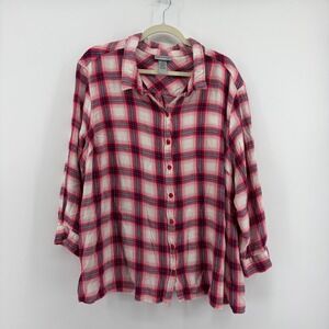 Catherines Women 3X Plaid Button Down Shirt Red White Plus Size Roll Tab Sleeve